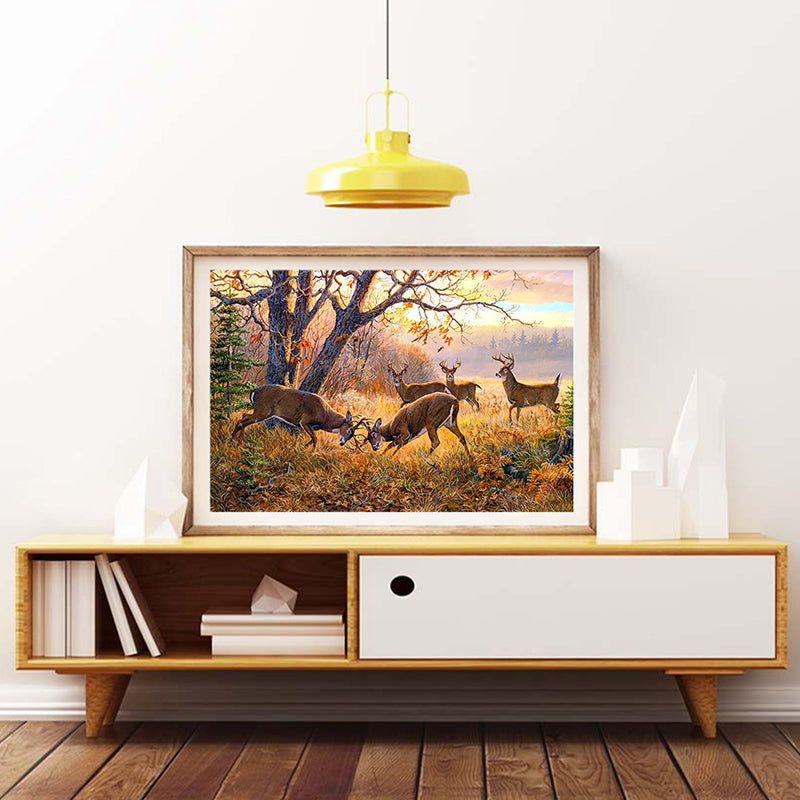 Farmhouse Stag Fight Art Print Gold Wild Land Scenery Wall Decor for Dining Room Clearhalo 'Art Gallery' 'Canvas Art' 'Country Art Gallery' 'French Country' 'Rustic' Arts' 1625859