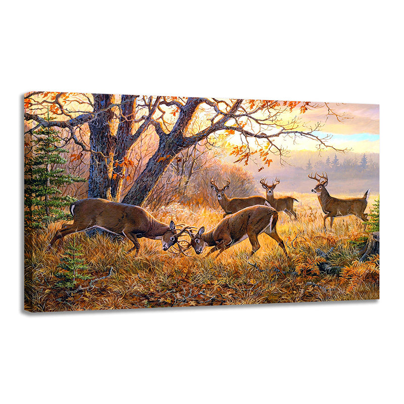 Farmhouse Stag Fight Art Print Gold Wild Land Scenery Wall Decor for Dining Room Clearhalo 'Art Gallery' 'Canvas Art' 'Country Art Gallery' 'French Country' 'Rustic' Arts' 1625860