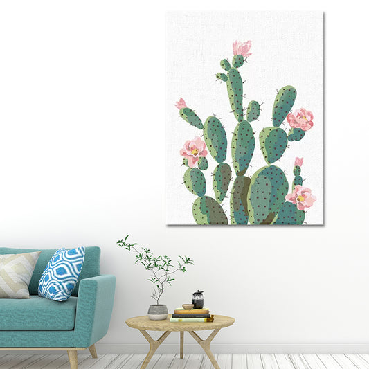 Green Cactus Blossom Canvas Print Botanical Tropical Textured Wall Art for Home Green Clearhalo 'Art Gallery' 'Canvas Art' 'Coastal Art Gallery' 'Tropical' Arts' 1625947