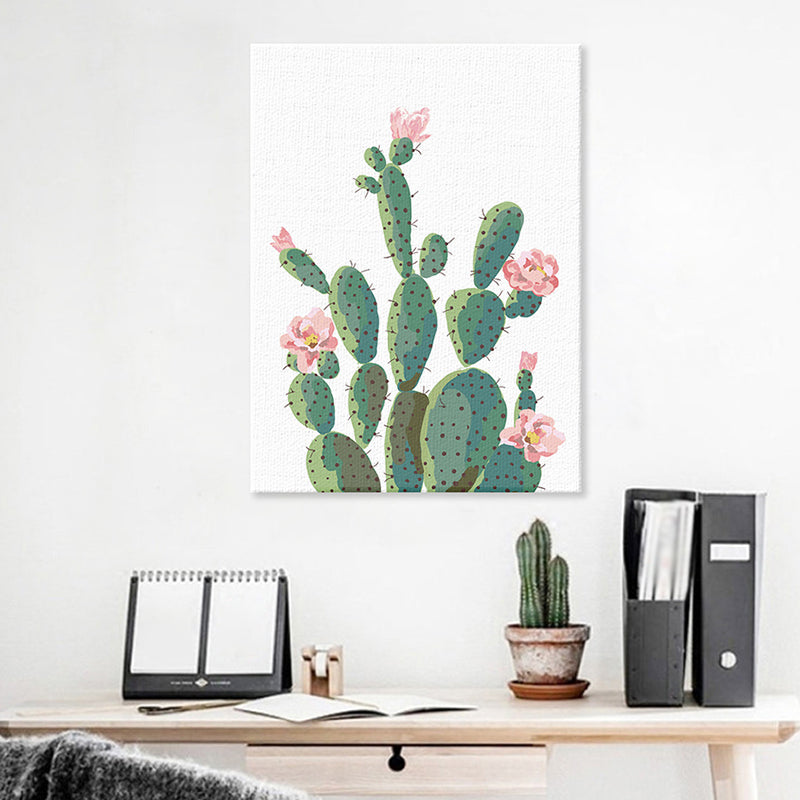 Green Cactus Blossom Canvas Print Botanical Tropical Textured Wall Art for Home Clearhalo 'Art Gallery' 'Canvas Art' 'Coastal Art Gallery' 'Tropical' Arts' 1625948