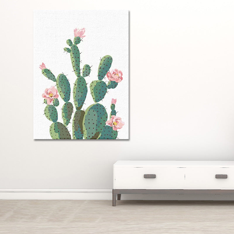 Green Cactus Blossom Canvas Print Botanical Tropical Textured Wall Art for Home Clearhalo 'Art Gallery' 'Canvas Art' 'Coastal Art Gallery' 'Tropical' Arts' 1625949