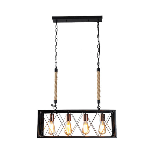 Linear Metal Island Lighting with X-Cage Shade Vintage Industrial 4 Bulbs Living Room Island Pendant Light in Black Clearhalo 'Ceiling Lights' 'Island Lights' Lighting' 162603