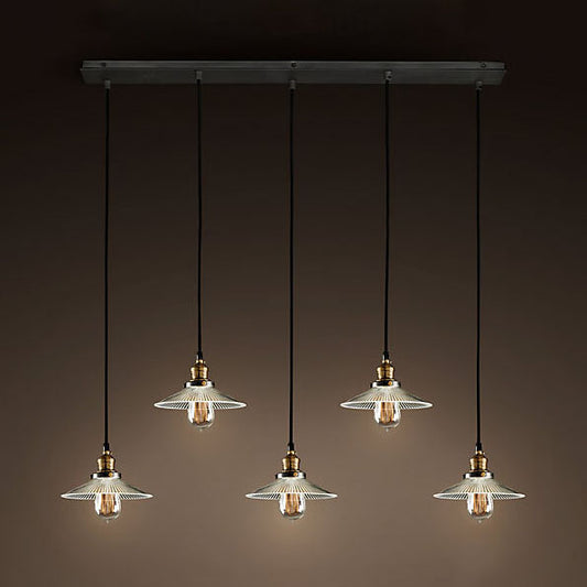 5-Light Cone Cluster Pendant Antique Style Aged Brass Ribbed Clear Glass Hanging Lighting with Linear Canopy Clearhalo 'Ceiling Lights' 'Glass shade' 'Glass' 'Industrial Pendants' 'Industrial' 'Middle Century Pendants' 'Pendant Lights' 'Pendants' 'Tiffany' Lighting' 16263