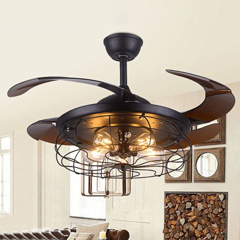Wire Cage Metallic Semi Flush Lighting Vintage 5 Heads Living Room Wall Control Fan Ceiling Lamp in Black Black Wall Control Clearhalo 'Ceiling Fans with Lights' 'Ceiling Fans' 'Industrial Ceiling Fans' 'Industrial' Lighting' 1626569