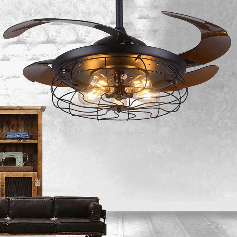 Wire Cage Metallic Semi Flush Lighting Vintage 5 Heads Living Room Wall Control Fan Ceiling Lamp in Black Clearhalo 'Ceiling Fans with Lights' 'Ceiling Fans' 'Industrial Ceiling Fans' 'Industrial' Lighting' 1626570