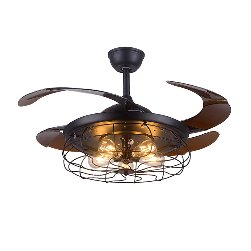Wire Cage Metallic Semi Flush Lighting Vintage 5 Heads Living Room Wall Control Fan Ceiling Lamp in Black Clearhalo 'Ceiling Fans with Lights' 'Ceiling Fans' 'Industrial Ceiling Fans' 'Industrial' Lighting' 1626571
