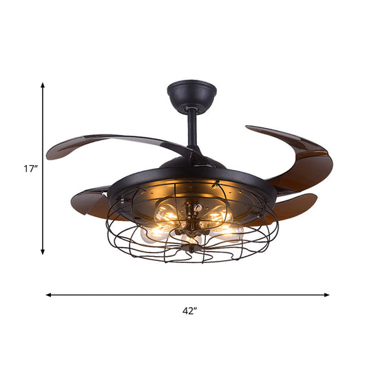 Wire Cage Metallic Semi Flush Lighting Vintage 5 Heads Living Room Wall Control Fan Ceiling Lamp in Black Clearhalo 'Ceiling Fans with Lights' 'Ceiling Fans' 'Industrial Ceiling Fans' 'Industrial' Lighting' 1626572