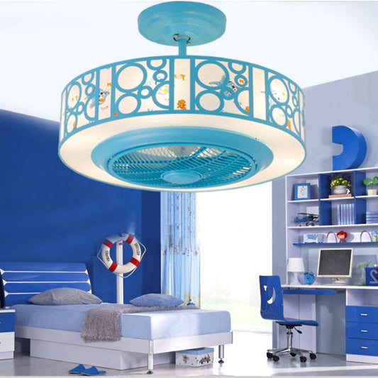 Drum Metal Fan Light Kids LED Pink/Blue 3 Blades Semi Flush Mount Lighting for Nursery, 23.5" Long Blue Clearhalo 'Ceiling Fans with Lights' 'Ceiling Fans' 'Kids Ceiling Fans' 'Kids' Lighting' 1626609