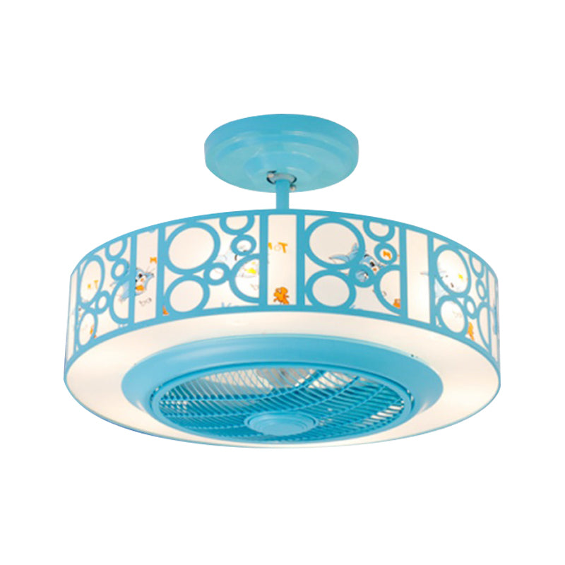 Drum Metal Fan Light Kids LED Pink/Blue 3 Blades Semi Flush Mount Lighting for Nursery, 23.5" Long Clearhalo 'Ceiling Fans with Lights' 'Ceiling Fans' 'Kids Ceiling Fans' 'Kids' Lighting' 1626610