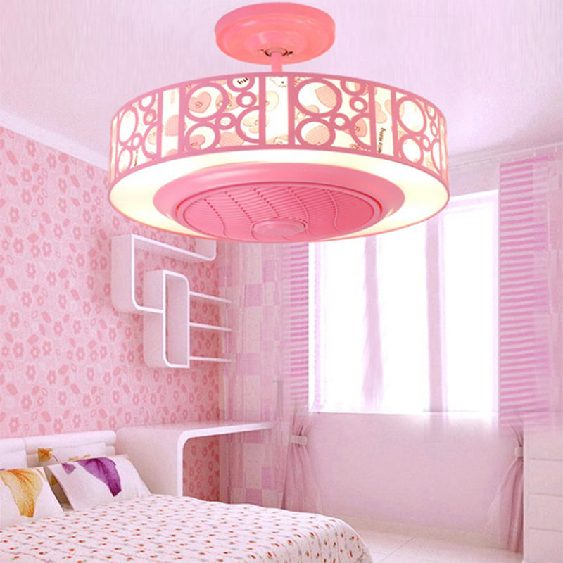 Drum Metal Fan Light Kids LED Pink/Blue 3 Blades Semi Flush Mount Lighting for Nursery, 23.5" Long Pink Clearhalo 'Ceiling Fans with Lights' 'Ceiling Fans' 'Kids Ceiling Fans' 'Kids' Lighting' 1626612