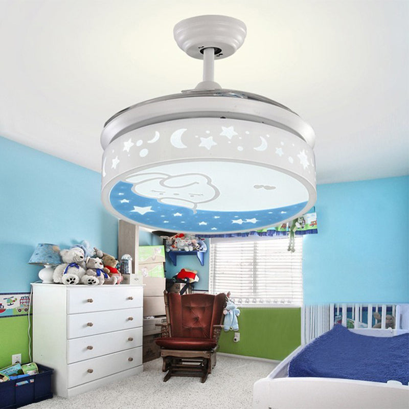 Contemporary Drum Fan Lamp Metal LED 36" Wide Kids Bedroom 4 Blades Semi Flush Mount in White with Rabbit and Star Pattern Clearhalo 'Ceiling Fans with Lights' 'Ceiling Fans' 'Kids Ceiling Fans' 'Kids' Lighting' 1626614