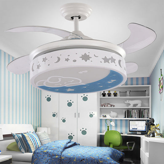 Contemporary Drum Fan Lamp Metal LED 36" Wide Kids Bedroom 4 Blades Semi Flush Mount in White with Rabbit and Star Pattern White Clearhalo 'Ceiling Fans with Lights' 'Ceiling Fans' 'Kids Ceiling Fans' 'Kids' Lighting' 1626615