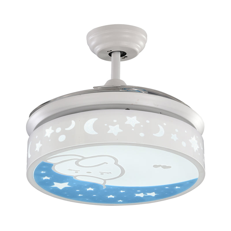 Contemporary Drum Fan Lamp Metal LED 36" Wide Kids Bedroom 4 Blades Semi Flush Mount in White with Rabbit and Star Pattern Clearhalo 'Ceiling Fans with Lights' 'Ceiling Fans' 'Kids Ceiling Fans' 'Kids' Lighting' 1626616