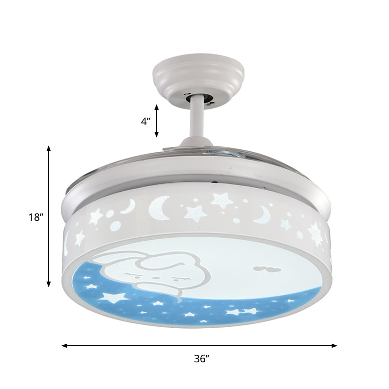 Contemporary Drum Fan Lamp Metal LED 36" Wide Kids Bedroom 4 Blades Semi Flush Mount in White with Rabbit and Star Pattern Clearhalo 'Ceiling Fans with Lights' 'Ceiling Fans' 'Kids Ceiling Fans' 'Kids' Lighting' 1626617