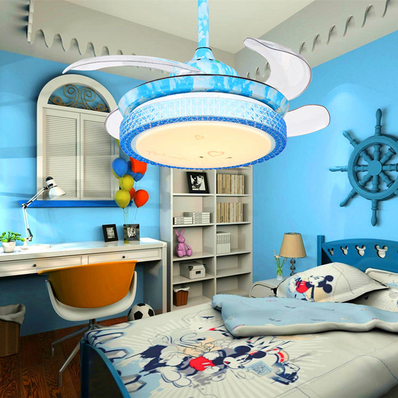 36" Width Blue Circular Fan Lighting Kids LED Acrylic Semi Flush Light Fixture for Children Bedroom, 4 Blades Clearhalo 'Ceiling Fans with Lights' 'Ceiling Fans' 'Kids Ceiling Fans' 'Kids' Lighting' 1626618