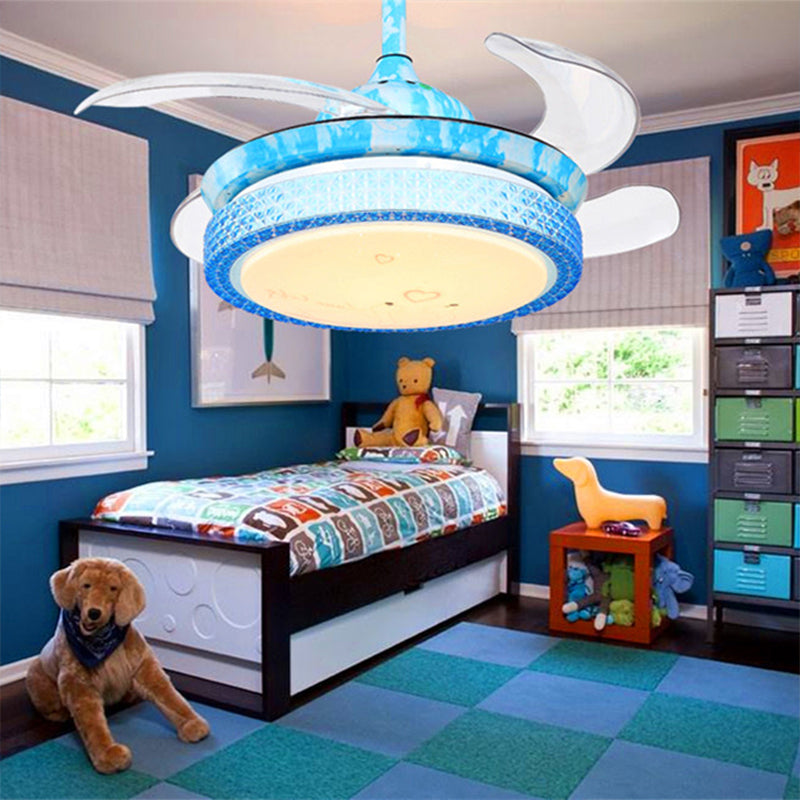 36" Width Blue Circular Fan Lighting Kids LED Acrylic Semi Flush Light Fixture for Children Bedroom, 4 Blades Blue Clearhalo 'Ceiling Fans with Lights' 'Ceiling Fans' 'Kids Ceiling Fans' 'Kids' Lighting' 1626619