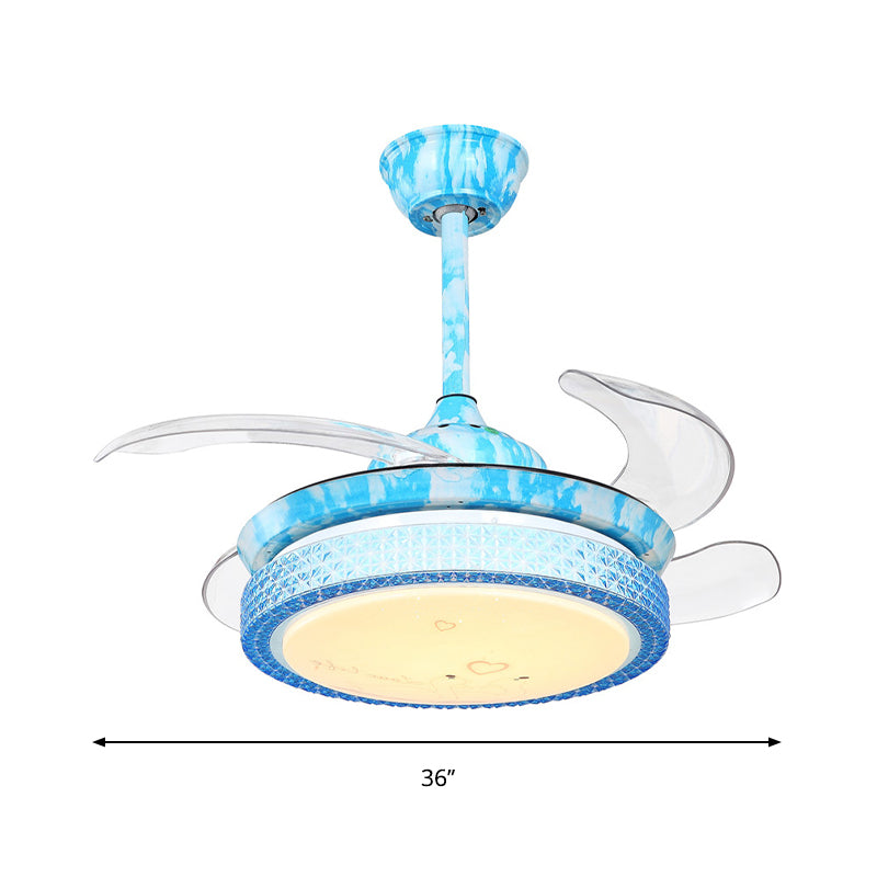 36" Width Blue Circular Fan Lighting Kids LED Acrylic Semi Flush Light Fixture for Children Bedroom, 4 Blades Clearhalo 'Ceiling Fans with Lights' 'Ceiling Fans' 'Kids Ceiling Fans' 'Kids' Lighting' 1626621