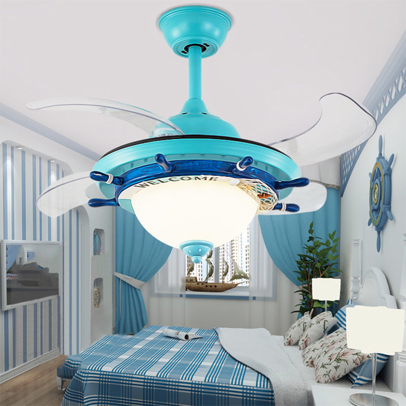 1-Light Bedroom Rudder Fan Lamp Kids White/Blue 4 Blades Semi Mount Lighting with Dome Opal Glass Shade, 36" Wide Clearhalo 'Ceiling Fans with Lights' 'Ceiling Fans' 'Kids Ceiling Fans' 'Kids' Lighting' 1626625