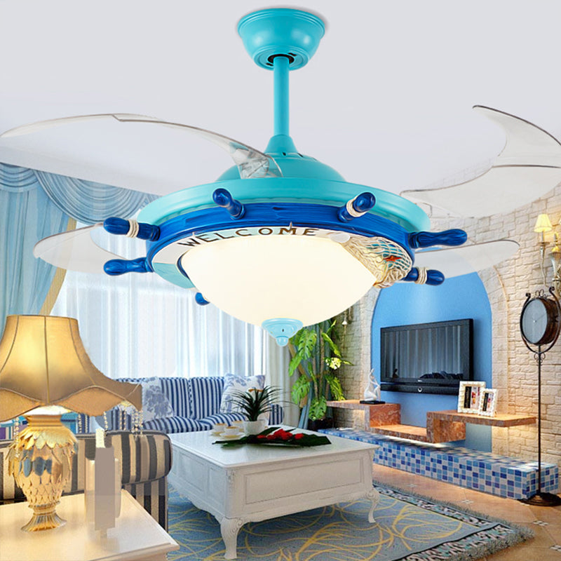 1-Light Bedroom Rudder Fan Lamp Kids White/Blue 4 Blades Semi Mount Lighting with Dome Opal Glass Shade, 36" Wide Blue Clearhalo 'Ceiling Fans with Lights' 'Ceiling Fans' 'Kids Ceiling Fans' 'Kids' Lighting' 1626626