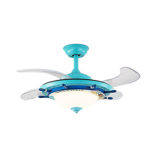 1-Light Bedroom Rudder Fan Lamp Kids White/Blue 4 Blades Semi Mount Lighting with Dome Opal Glass Shade, 36" Wide Clearhalo 'Ceiling Fans with Lights' 'Ceiling Fans' 'Kids Ceiling Fans' 'Kids' Lighting' 1626627