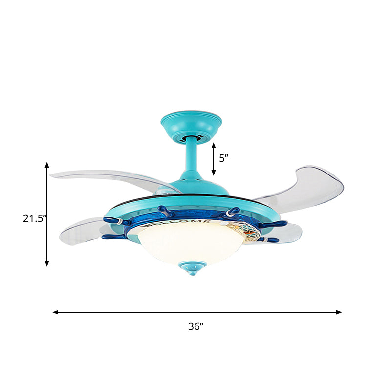1-Light Bedroom Rudder Fan Lamp Kids White/Blue 4 Blades Semi Mount Lighting with Dome Opal Glass Shade, 36" Wide Clearhalo 'Ceiling Fans with Lights' 'Ceiling Fans' 'Kids Ceiling Fans' 'Kids' Lighting' 1626628