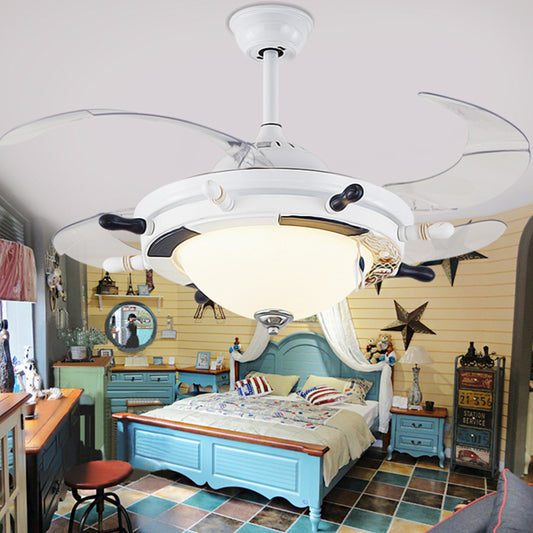 1-Light Bedroom Rudder Fan Lamp Kids White/Blue 4 Blades Semi Mount Lighting with Dome Opal Glass Shade, 36" Wide White Clearhalo 'Ceiling Fans with Lights' 'Ceiling Fans' 'Kids Ceiling Fans' 'Kids' Lighting' 1626629