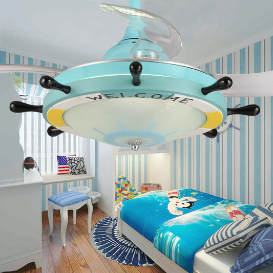 35.5" Wide Rudder Frosted Glass Fan Lighting Kids 1 Head Blue Semi Flush Mount Light Fixture for Bedroom, 4 Blades Clearhalo 'Ceiling Fans with Lights' 'Ceiling Fans' 'Kids Ceiling Fans' 'Kids' Lighting' 1626631