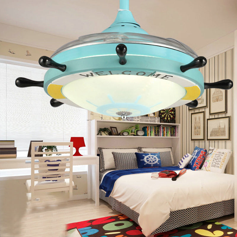 35.5" Wide Rudder Frosted Glass Fan Lighting Kids 1 Head Blue Semi Flush Mount Light Fixture for Bedroom, 4 Blades Blue Clearhalo 'Ceiling Fans with Lights' 'Ceiling Fans' 'Kids Ceiling Fans' 'Kids' Lighting' 1626632