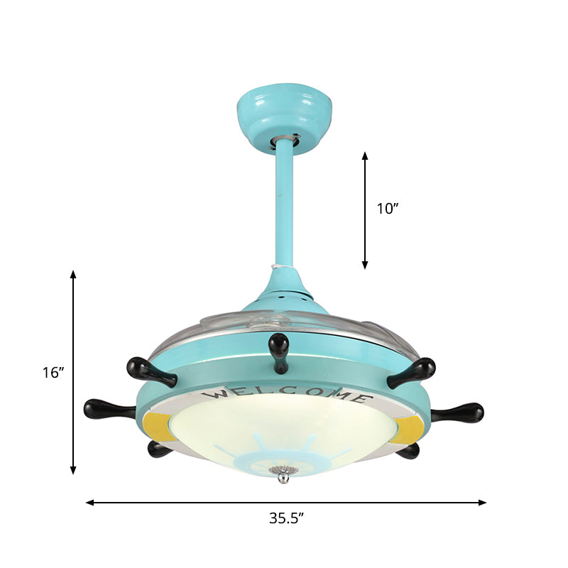 35.5" Wide Rudder Frosted Glass Fan Lighting Kids 1 Head Blue Semi Flush Mount Light Fixture for Bedroom, 4 Blades Clearhalo 'Ceiling Fans with Lights' 'Ceiling Fans' 'Kids Ceiling Fans' 'Kids' Lighting' 1626634