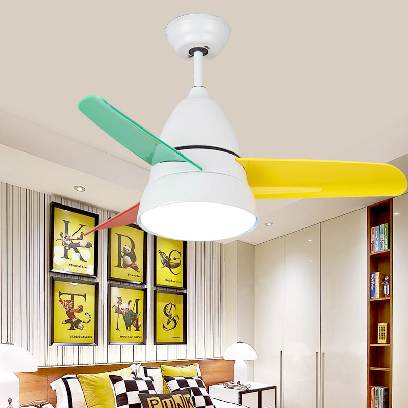 36" Width LED Bedroom Hanging Fan Lamp Kids Black/Silver/White Semi Flush Ceiling Light with Halo Acrylic Shade, 3 Colored Blades Clearhalo 'Ceiling Fans with Lights' 'Ceiling Fans' 'Kids Ceiling Fans' 'Kids' Lighting' 1626659