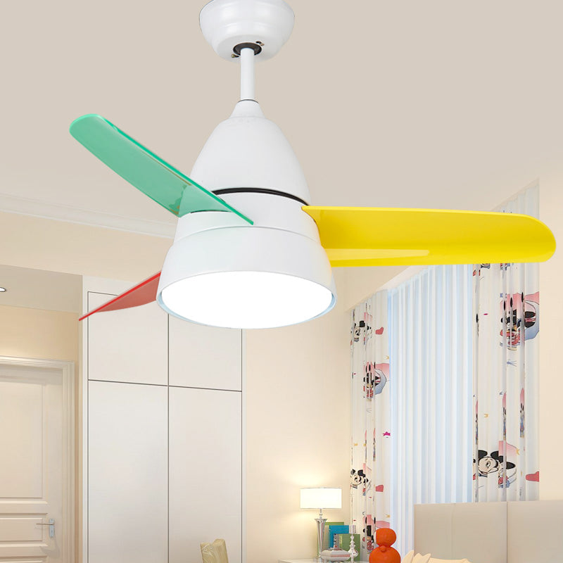 36" Width LED Bedroom Hanging Fan Lamp Kids Black/Silver/White Semi Flush Ceiling Light with Halo Acrylic Shade, 3 Colored Blades White Clearhalo 'Ceiling Fans with Lights' 'Ceiling Fans' 'Kids Ceiling Fans' 'Kids' Lighting' 1626660