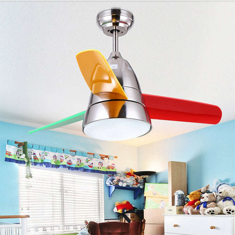 36" Width LED Bedroom Hanging Fan Lamp Kids Black/Silver/White Semi Flush Ceiling Light with Halo Acrylic Shade, 3 Colored Blades Silver Clearhalo 'Ceiling Fans with Lights' 'Ceiling Fans' 'Kids Ceiling Fans' 'Kids' Lighting' 1626666