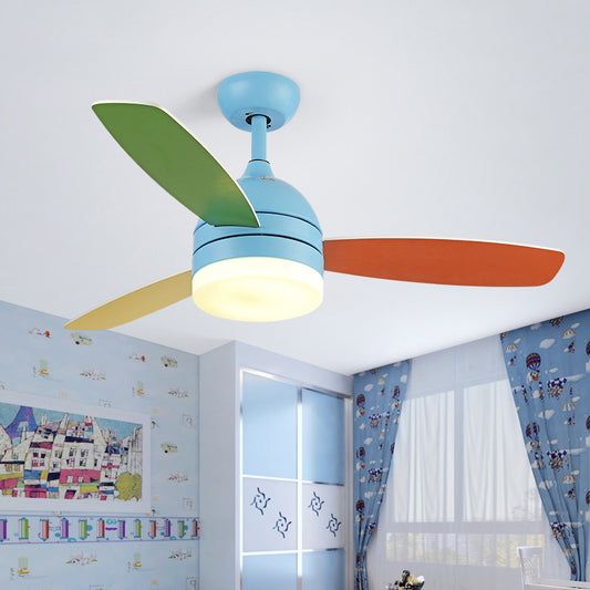 Dome Pendant Fan Lighting Kids Acrylic LED Pink/Blue Semi Flush Mount Light with 3 Colorful Blades for Bedroom, 39" Wide Blue Clearhalo 'Ceiling Fans with Lights' 'Ceiling Fans' 'Kids Ceiling Fans' 'Kids' Lighting' 1626674