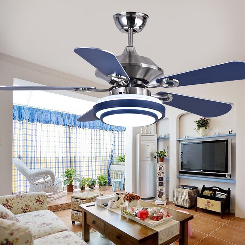 Minimalism Circle Hanging Fan Lamp Metal LED Dining Room 5 Blades Semi Flush in Blue with Remote Control, 42" Width Clearhalo 'Ceiling Fans with Lights' 'Ceiling Fans' 'Kids Ceiling Fans' 'Kids' Lighting' 1626685