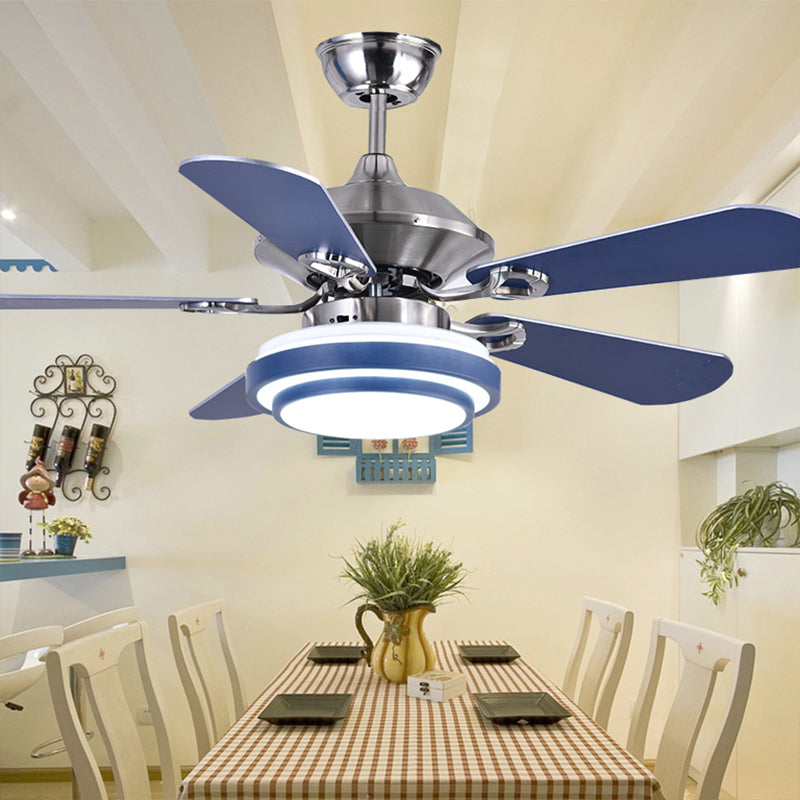 Minimalism Circle Hanging Fan Lamp Metal LED Dining Room 5 Blades Semi Flush in Blue with Remote Control, 42" Width Blue Remote Control Clearhalo 'Ceiling Fans with Lights' 'Ceiling Fans' 'Kids Ceiling Fans' 'Kids' Lighting' 1626686