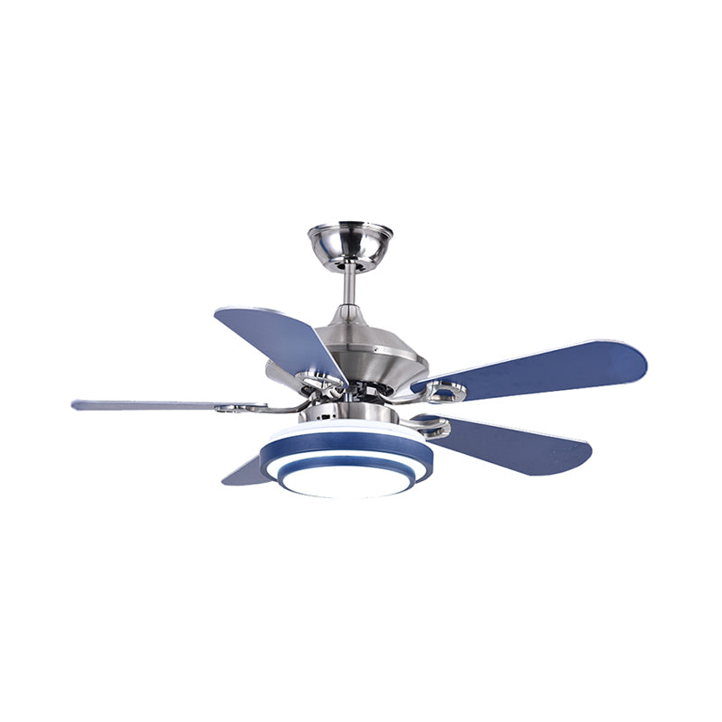 Minimalism Circle Hanging Fan Lamp Metal LED Dining Room 5 Blades Semi Flush in Blue with Remote Control, 42" Width Clearhalo 'Ceiling Fans with Lights' 'Ceiling Fans' 'Kids Ceiling Fans' 'Kids' Lighting' 1626687