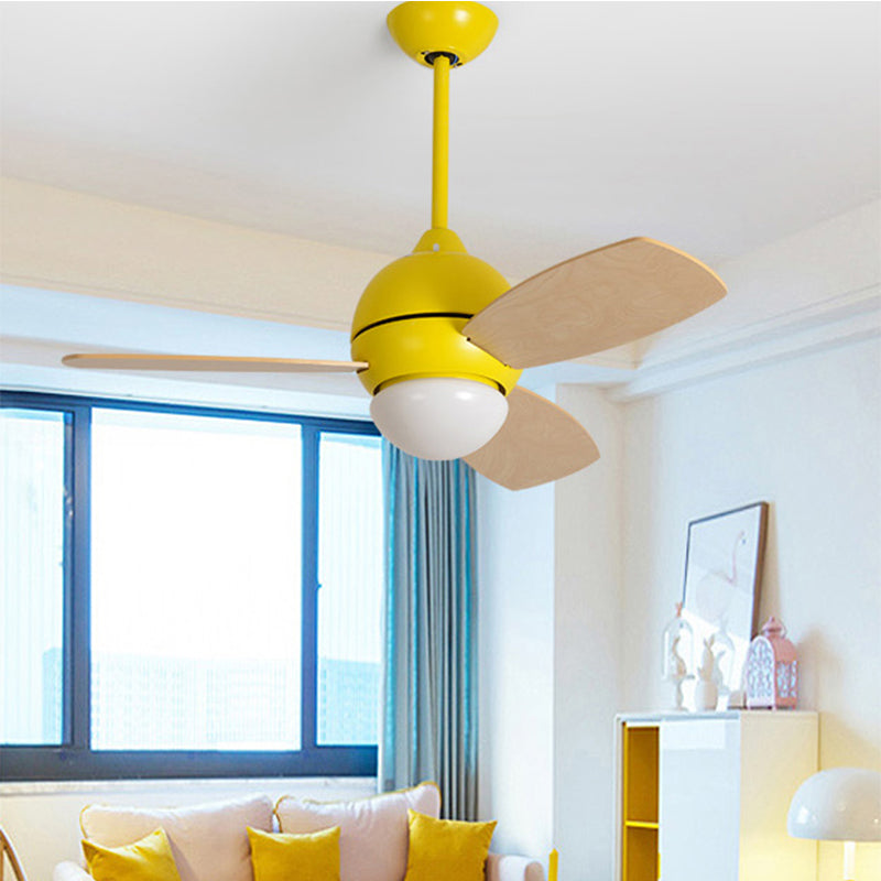Modernist Bowl Metal Fan Light LED Semi-Flush Mount in Pink/Yellow/Green with 3 Wood Blades for Living Room, 34" Width Clearhalo 'Ceiling Fans with Lights' 'Ceiling Fans' 'Kids Ceiling Fans' 'Kids' Lighting' 1626700
