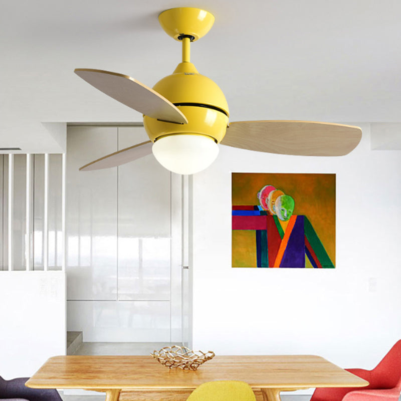 Modernist Bowl Metal Fan Light LED Semi-Flush Mount in Pink/Yellow/Green with 3 Wood Blades for Living Room, 34" Width Yellow Clearhalo 'Ceiling Fans with Lights' 'Ceiling Fans' 'Kids Ceiling Fans' 'Kids' Lighting' 1626701