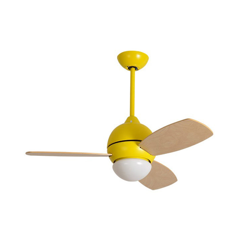 Modernist Bowl Metal Fan Light LED Semi-Flush Mount in Pink/Yellow/Green with 3 Wood Blades for Living Room, 34" Width Clearhalo 'Ceiling Fans with Lights' 'Ceiling Fans' 'Kids Ceiling Fans' 'Kids' Lighting' 1626702
