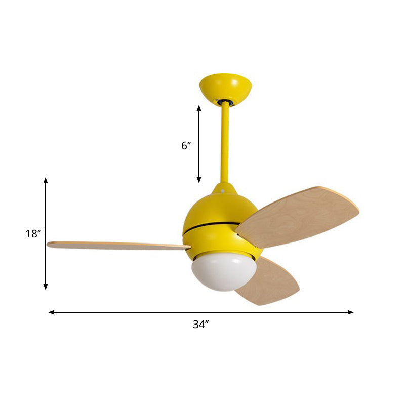 Modernist Bowl Metal Fan Light LED Semi-Flush Mount in Pink/Yellow/Green with 3 Wood Blades for Living Room, 34" Width Clearhalo 'Ceiling Fans with Lights' 'Ceiling Fans' 'Kids Ceiling Fans' 'Kids' Lighting' 1626703