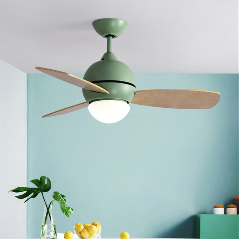 Modernist Bowl Metal Fan Light LED Semi-Flush Mount in Pink/Yellow/Green with 3 Wood Blades for Living Room, 34" Width Green Clearhalo 'Ceiling Fans with Lights' 'Ceiling Fans' 'Kids Ceiling Fans' 'Kids' Lighting' 1626704