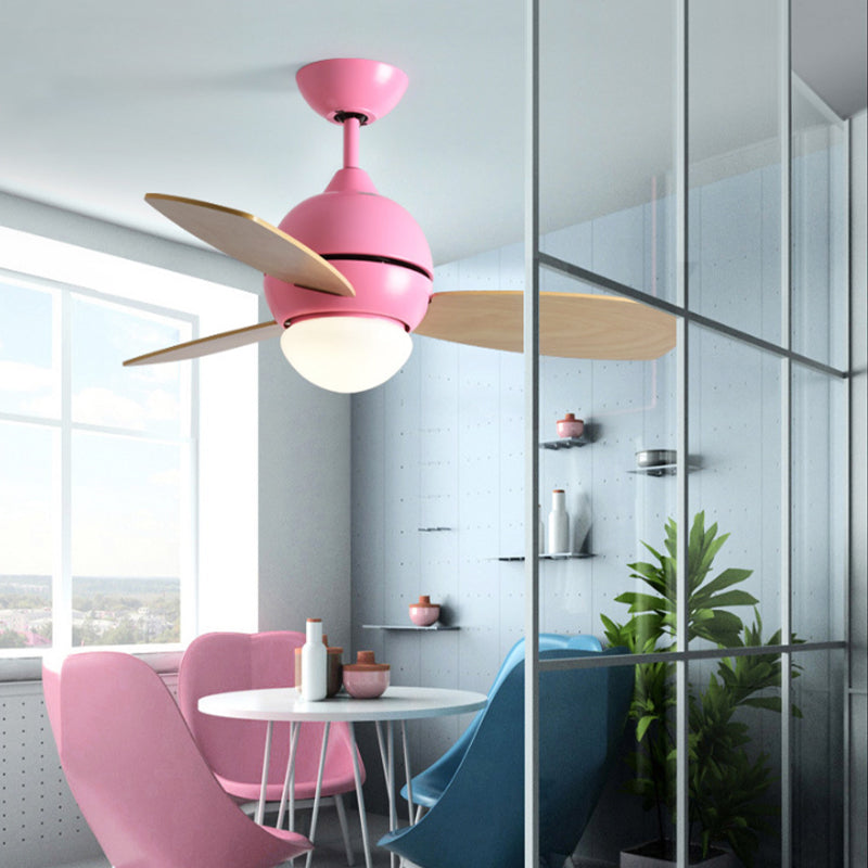 Modernist Bowl Metal Fan Light LED Semi-Flush Mount in Pink/Yellow/Green with 3 Wood Blades for Living Room, 34" Width Pink Clearhalo 'Ceiling Fans with Lights' 'Ceiling Fans' 'Kids Ceiling Fans' 'Kids' Lighting' 1626707