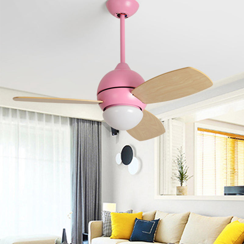 Modernist Bowl Metal Fan Light LED Semi-Flush Mount in Pink/Yellow/Green with 3 Wood Blades for Living Room, 34" Width Clearhalo 'Ceiling Fans with Lights' 'Ceiling Fans' 'Kids Ceiling Fans' 'Kids' Lighting' 1626708
