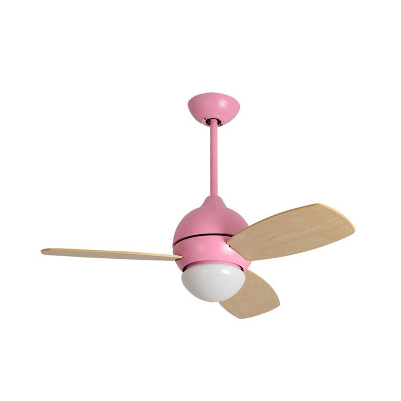 Modernist Bowl Metal Fan Light LED Semi-Flush Mount in Pink/Yellow/Green with 3 Wood Blades for Living Room, 34" Width Clearhalo 'Ceiling Fans with Lights' 'Ceiling Fans' 'Kids Ceiling Fans' 'Kids' Lighting' 1626709