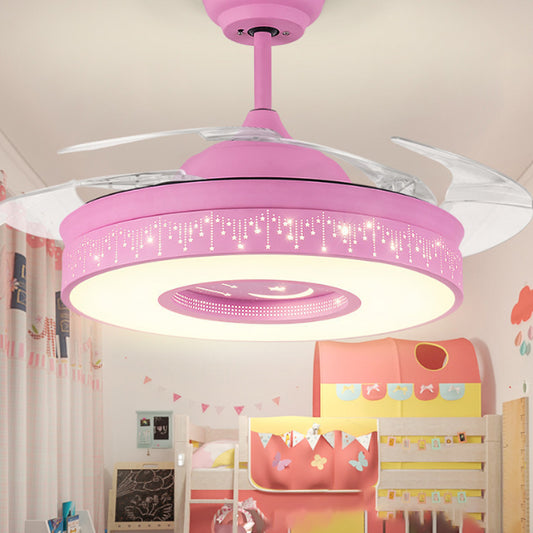 14"/16.5" W Modern LED Fan Lighting Pink/Blue/Green Drum 4 Blades Semi Flush Light with Acrylic Shade, Remote Control Clearhalo 'Ceiling Fans with Lights' 'Ceiling Fans' 'Kids Ceiling Fans' 'Kids' Lighting' 1626710