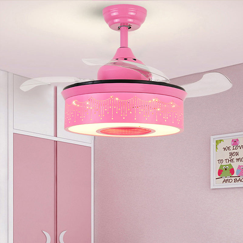 14"/16.5" W Modern LED Fan Lighting Pink/Blue/Green Drum 4 Blades Semi Flush Light with Acrylic Shade, Remote Control Pink Wall Control Clearhalo 'Ceiling Fans with Lights' 'Ceiling Fans' 'Kids Ceiling Fans' 'Kids' Lighting' 1626711