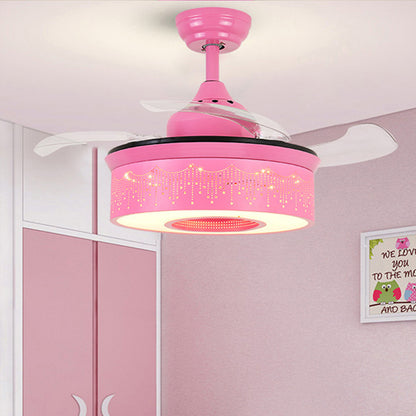 14"/16.5" W Modern LED Fan Lighting Pink/Blue/Green Drum 4 Blades Semi Flush Light with Acrylic Shade, Remote Control Pink Wall Control Clearhalo 'Ceiling Fans with Lights' 'Ceiling Fans' 'Kids Ceiling Fans' 'Kids' Lighting' 1626711