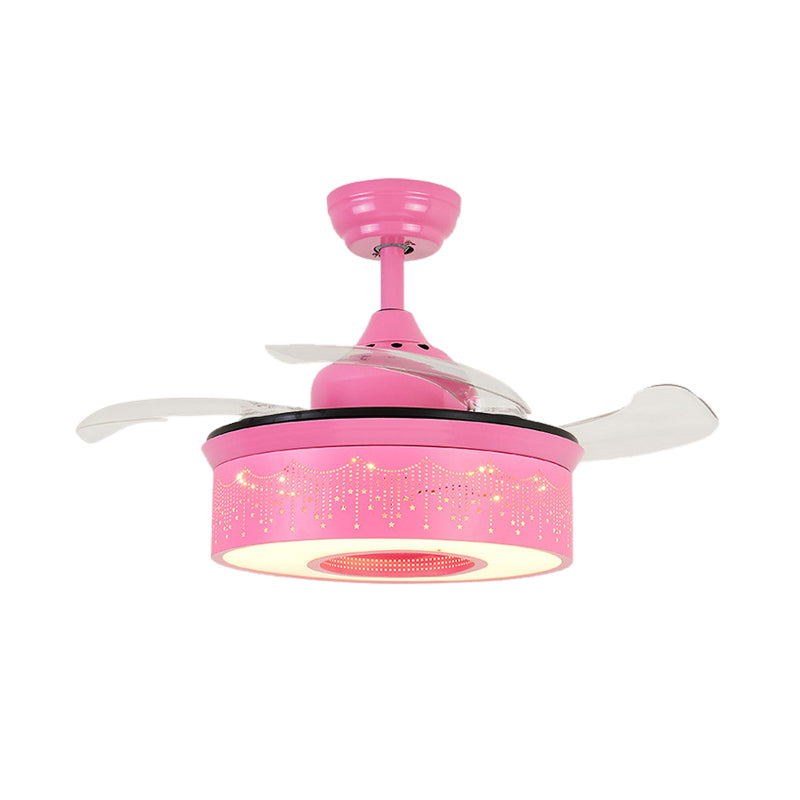 14"/16.5" W Modern LED Fan Lighting Pink/Blue/Green Drum 4 Blades Semi Flush Light with Acrylic Shade, Remote Control Clearhalo 'Ceiling Fans with Lights' 'Ceiling Fans' 'Kids Ceiling Fans' 'Kids' Lighting' 1626712