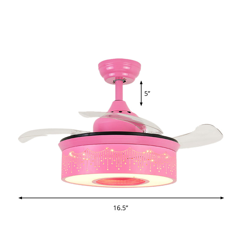 14"/16.5" W Modern LED Fan Lighting Pink/Blue/Green Drum 4 Blades Semi Flush Light with Acrylic Shade, Remote Control Clearhalo 'Ceiling Fans with Lights' 'Ceiling Fans' 'Kids Ceiling Fans' 'Kids' Lighting' 1626713