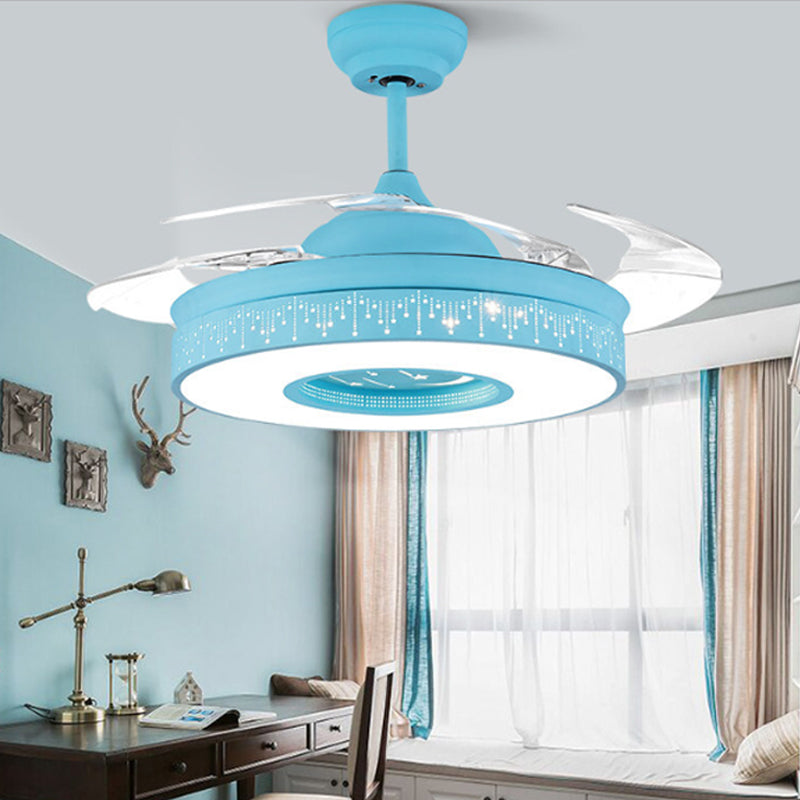 14"/16.5" W Modern LED Fan Lighting Pink/Blue/Green Drum 4 Blades Semi Flush Light with Acrylic Shade, Remote Control Blue Wall Control Clearhalo 'Ceiling Fans with Lights' 'Ceiling Fans' 'Kids Ceiling Fans' 'Kids' Lighting' 1626715